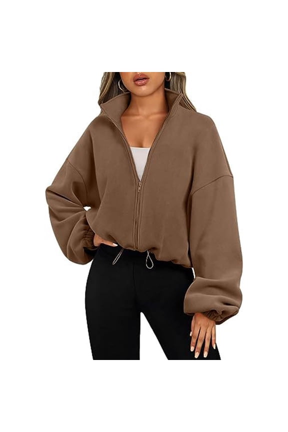 Womens Fleece Cropped Jackets Zip Up Oversized Sweatshirts Winter Clothes Long Sleeve Sherpas Lined Hoodie Fall Outfits