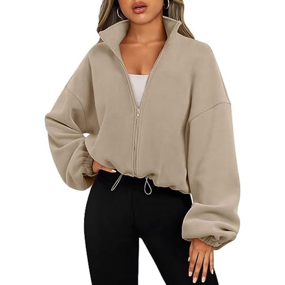 Womens Fleece Cropped Jackets Zip Up Oversized Sweatshirts Winter Clothes Long Sleeve Sherpas Lined Hoodie Fall Outfits