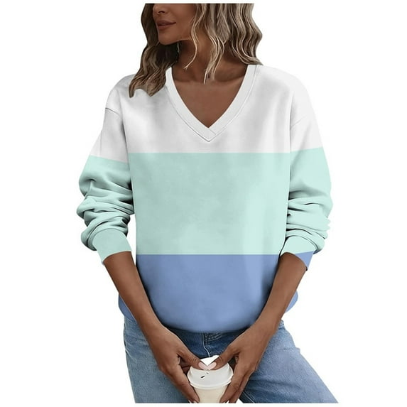 Womens Fleece Fall Clothes, Long Sleeve Pullover for Women Plus Size Fashion Loose Fit Color Patchwork V Neck Sweatshirts