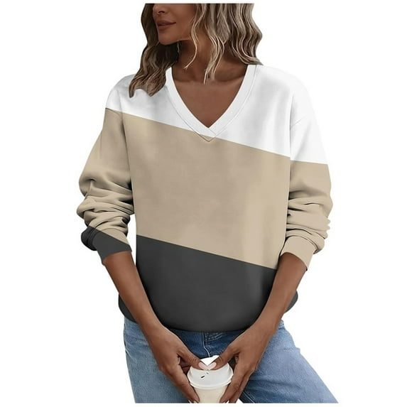 Womens Fleece Fall Clothes, V Neck Sweaters for Women Plus Size Fashion Loose Fit Color Patchwork Long Sleeve Pullover
