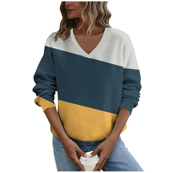 Womens Fleece Fall Clothes, V Neck Sweaters for Women Plus Size Fashion Loose Fit Color Patchwork Long Sleeve Pullover