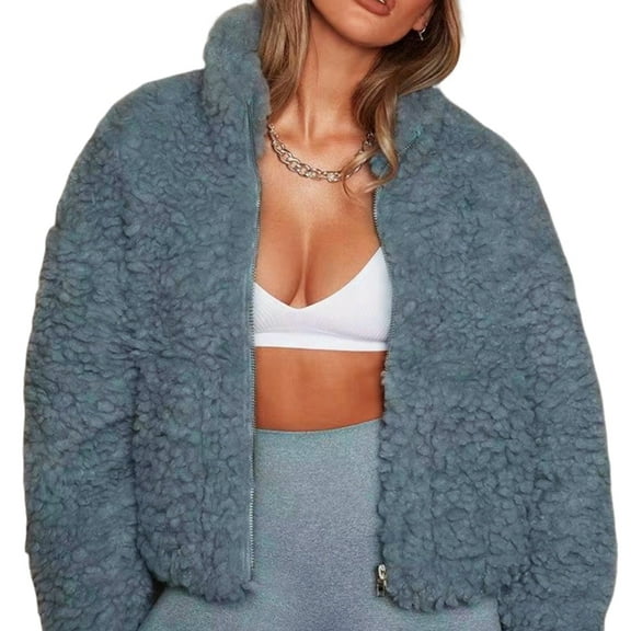 Womens Fleece Full-Zip Jacket Long Sleeve Coat Soft Warm with Pockets Blue L
