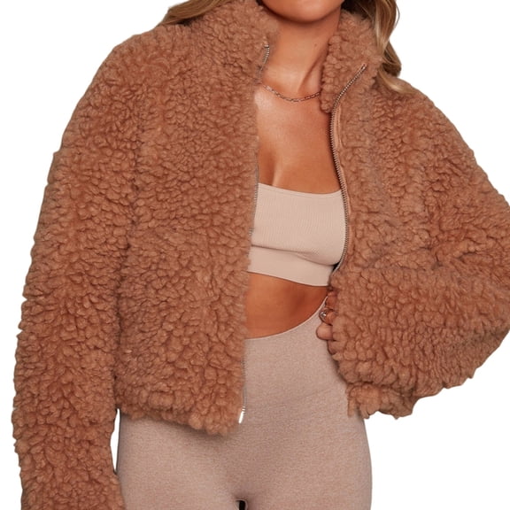 Womens Fleece Full-Zip Jacket Long Sleeve Coat Soft Warm with Pockets Camel Color L