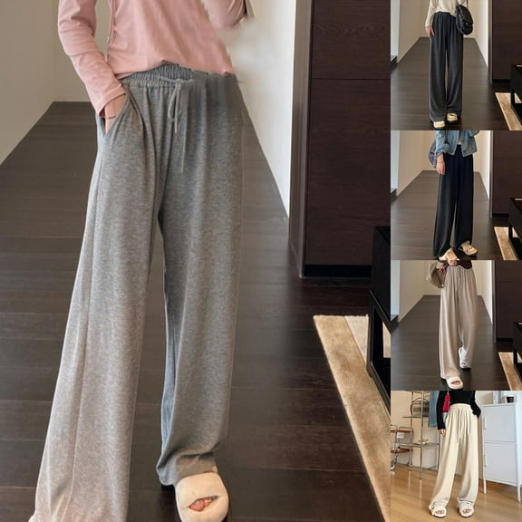 Womens Fleece High Waist Floor-Length Pants Fashion Loose Casual Wide-Leg Pants Black Average size YIWEI