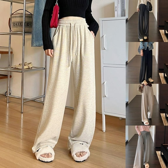 Womens Fleece High Waist Floor-Length Pants Fashion Loose Casual Wide-Leg Pants Dark grey Average size YIWEI