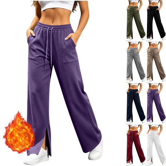 Womens Fleece High Waisted Split Hem Sweatpants Wide Leg Loose Fit Elastic Waist Drawstring Lounge Pants with Pockets for Daily Wear Fall Winter, Purple, L