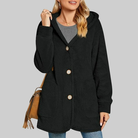 Womens Fleece Hooded Jacket Button Up Long Sleeve Plush Soft Warm Tunic Jacket with Pocket Casual Winter Coats (2XL, Black)
