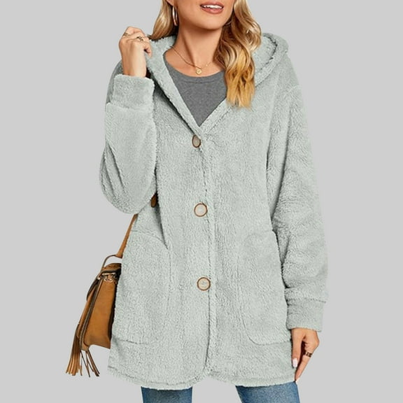 Womens Fleece Hooded Jacket Button Up Long Sleeve Plush Soft Warm Tunic Jacket with Pocket Casual Winter Coats (L, Gray)