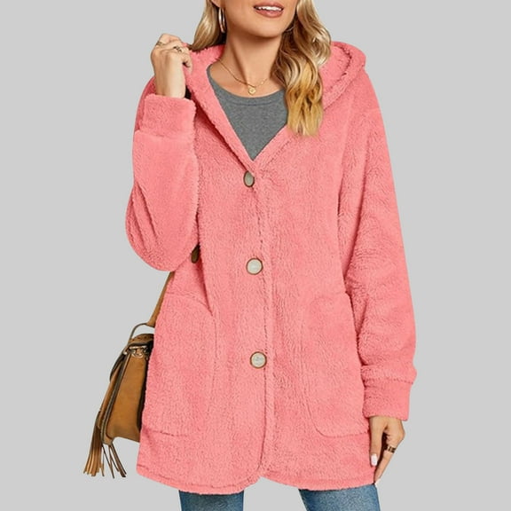 Womens Fleece Hooded Jacket Button Up Long Sleeve Plush Soft Warm Tunic Jacket with Pocket Casual Winter Coats (M, Pink)
