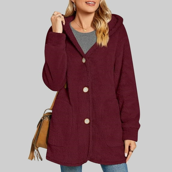 Womens Fleece Hooded Jacket Button Up Long Sleeve Plush Soft Warm Tunic Jacket with Pocket Casual Winter Coats (XL, Wine)