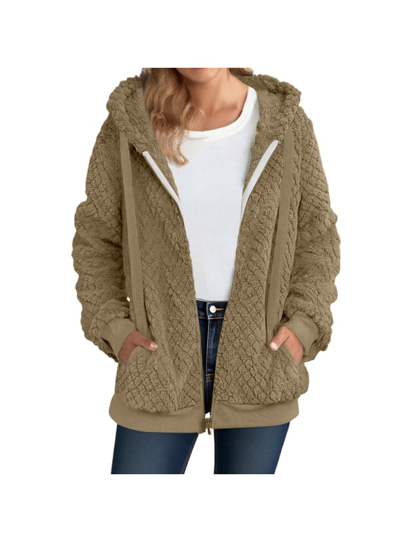 Womens Fleece Hoodie Jacket Sherpa Lined Full Zip Up Trench Coats Winter Warm Soft Teddy Fleece Hooded Sweatshirt Fluffy Cardigans Jumpers Sweater Overcoat Brown L