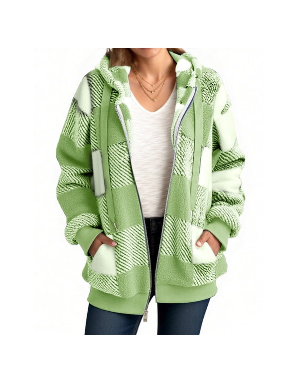 Womens Fleece Hoodie Jacket Sherpa Lined Full Zip Up Trench Coats Winter Warm Soft Teddy Fleece Hooded Sweatshirt Fluffy Cardigans Jumpers Sweater Overcoat Mint Green XXL
