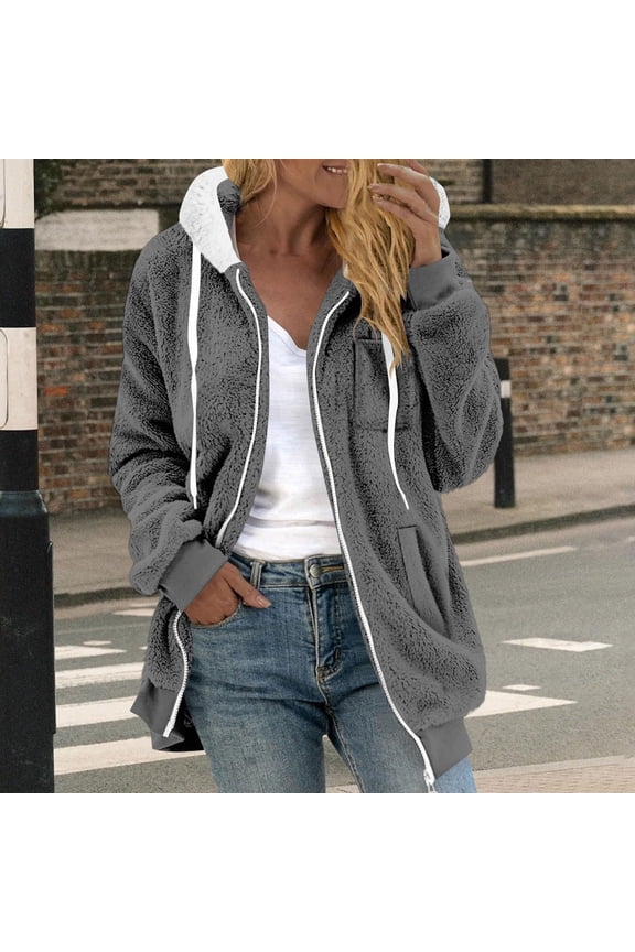Womens Fleece Hoodie Jacket Sherpa Lined Full Zip Up Trench Coats Winter Warm Soft Teddy Fleece Hooded Sweatshirt Fluffy Cardigans Jumpers Sweater Overcoat Gray L