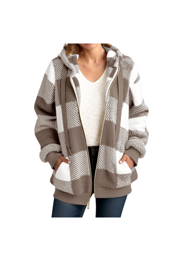 Womens Fleece Hoodie Jacket Sherpa Lined Full Zip Up Trench Coats Winter Warm Soft Teddy Fleece Hooded Sweatshirt Fluffy Cardigans Jumpers Sweater Overcoat Khaki L