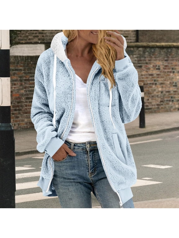 Womens Fleece Hoodie Jacket Sherpa Lined Full Zip Up Trench Coats Winter Warm Soft Teddy Fleece Hooded Sweatshirt Fluffy Cardigans Jumpers Sweater Overcoat Light Blue S