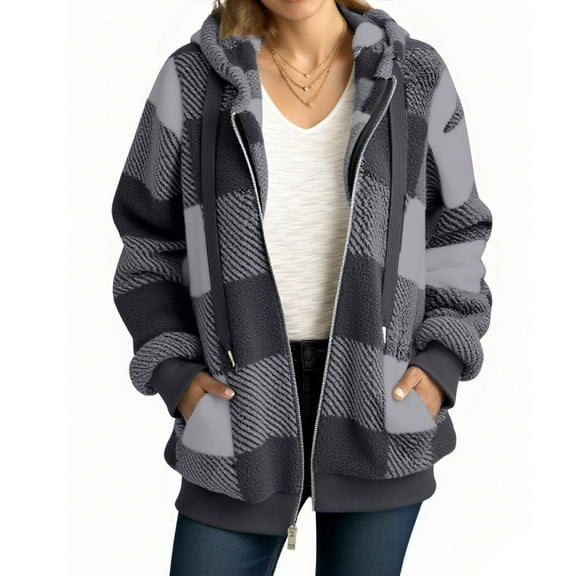 Womens Fleece Hoodie Jacket Sherpa Lined Full Zip Up Trench Coats Winter Warm Soft Teddy Fleece Hooded Sweatshirt Fluffy Cardigans Jumpers Sweater Overcoat Dark Gray XXL