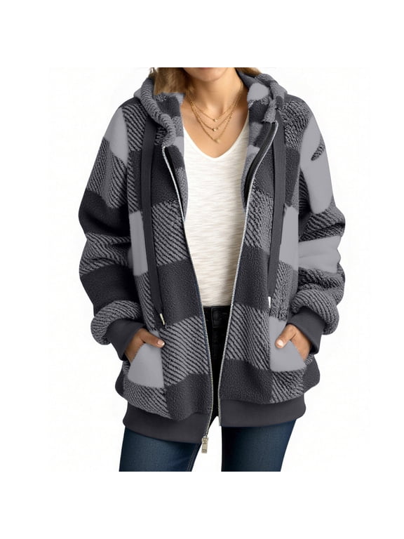 Womens Fleece Hoodie Jacket Sherpa Lined Full Zip Up Trench Coats Winter Warm Soft Teddy Fleece Hooded Sweatshirt Fluffy Cardigans Jumpers Sweater Overcoat Dark Gray M