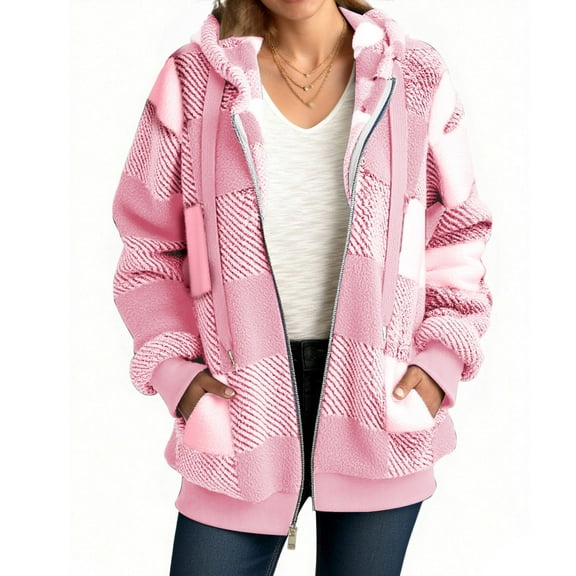 Womens Fleece Hoodie Jacket Sherpa Lined Full Zip Up Trench Coats Winter Warm Soft Teddy Fleece Hooded Sweatshirt Fluffy Cardigans Jumpers Sweater Overcoat Pink L