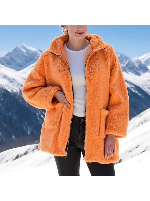 Womens Fleece Hoodie Jacket Winter Warm Soft Fluffy Fuzzy Teddy Hooded Coat Full Zip Up Thick Sweatshirt Cardigan with Pockets Ladies Sherpa Hoodie Blanket Jumper Hoody Sweater Overcoat Orange L