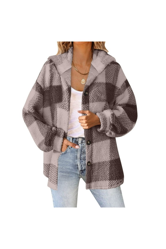 Womens Fleece Hoodie Jackets Fashion Plaid Printed Warm Plush Coat Soft Fuzzy Teddy Lambswool Coat Casual Winter Overcoats Women's Outwears Plus Size