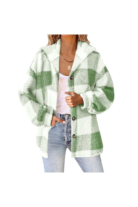 Womens Fleece Hoodie Jackets Fashion Plaid Printed Warm Plush Coat Soft Fuzzy Teddy Lambswool Coat Casual Winter Overcoats Women's Outwears Plus Size
