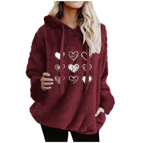 Womens Fleece Hoodies Cute Heart Printed Sweatshirts Long Sleeve Sherpa Crewneck Velvet Hoodie Winter Warm Pullover Outwears with Pockets