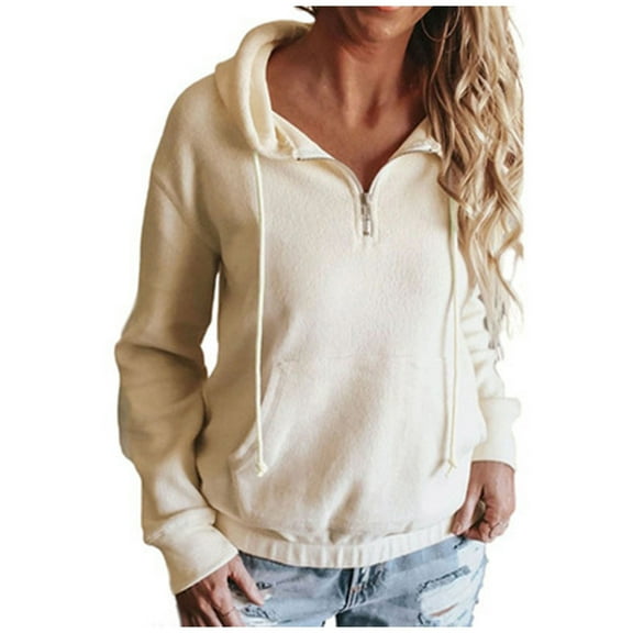 Womens Fleece Hoodies Pullover Long Sleeve Half Zip Hooded Sweatshirt Solid Color Drawstring Top with Hood (Beige M)