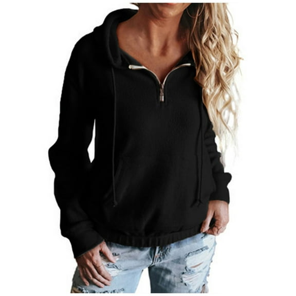 Womens Fleece Hoodies Pullover Long Sleeve Half Zip Hooded Sweatshirt Solid Color Drawstring Top with Hood (Black 2XL)