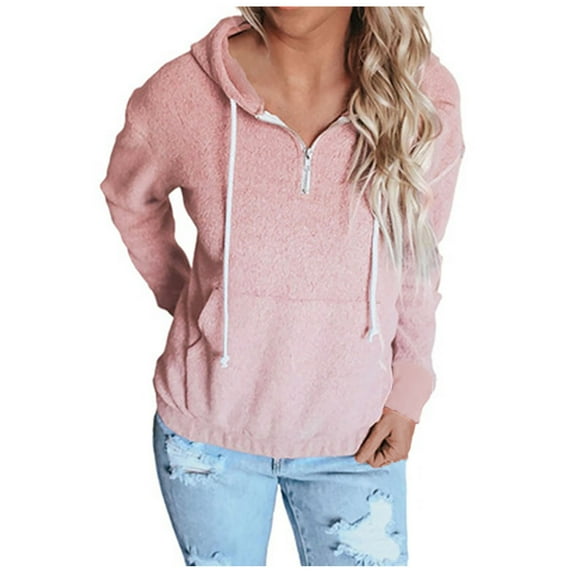 Womens Fleece Hoodies Pullover Long Sleeve Half Zip Hooded Sweatshirt Solid Color Drawstring Top with Hood (Pink 2XL)