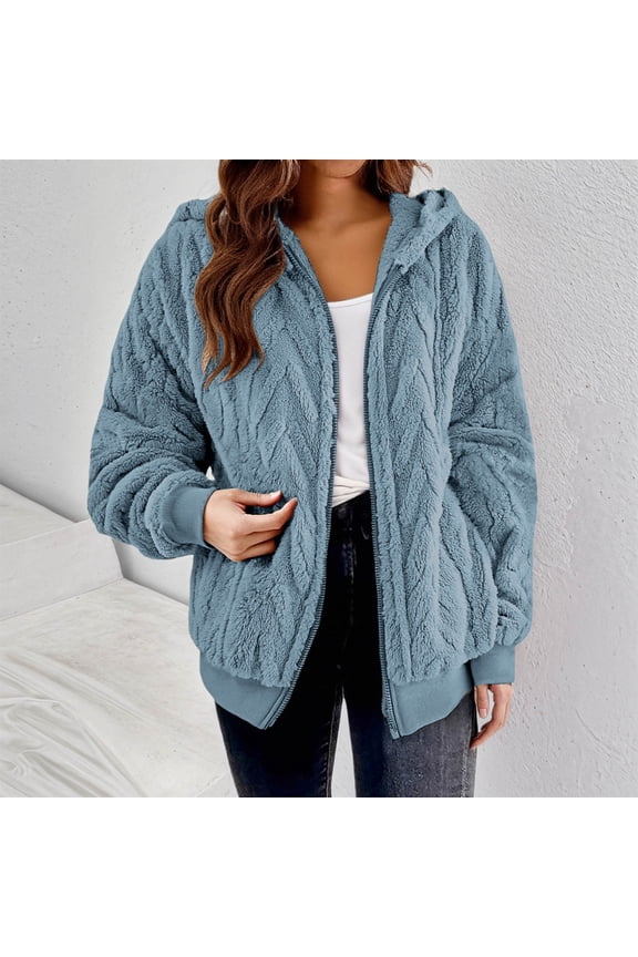 Womens Fleece Hoodies Sherpa Lined Fuzzy Sweatshirts with Pockets Full Zip Hooded Jacket Ladies Winter Warm Jumper Coat Outwear Blue L