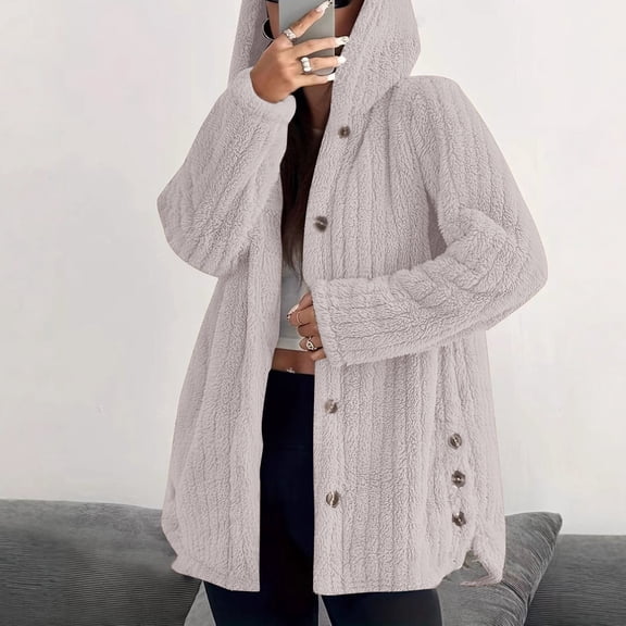 Womens Fleece Jacket 2025 Winter Oversized Fuzzy Hooded Coat Button Cardigan Sweaters Outerwear With Pockets