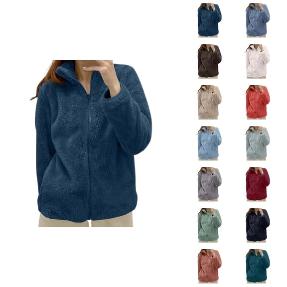 Womens Fleece Jacket 2026 Casual Thick Thermal Long Sleeve Stand Collar Full Zip Up Winter Coat Outerwear