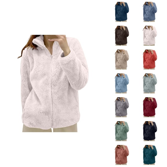 Womens Fleece Jacket 2026 Casual Thick Thermal Long Sleeve Stand Collar Full Zip Up Winter Coat Outerwear