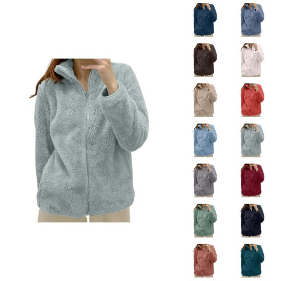 Womens Fleece Jacket 2026 Casual Thick Thermal Long Sleeve Stand Collar Full Zip Up Winter Coat Outerwear