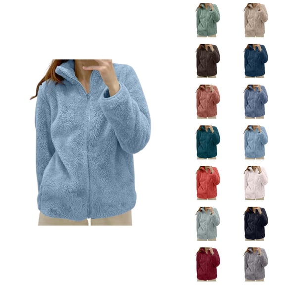 Womens Fleece Jacket 2026 Casual Thick Warm Long Sleeve Stand Collar Full Zip Up Winter Coat Outerwear