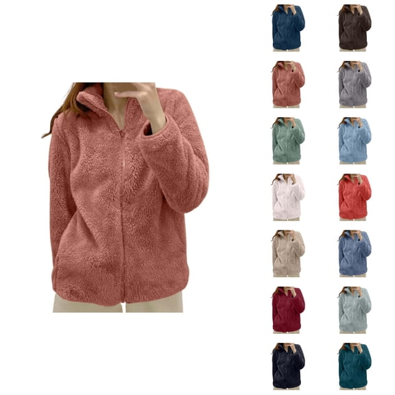 Womens Fleece Jacket 2026 Casual Thick Warm Long Sleeve Stand Collar Full Zip Up Winter Coat Outerwear