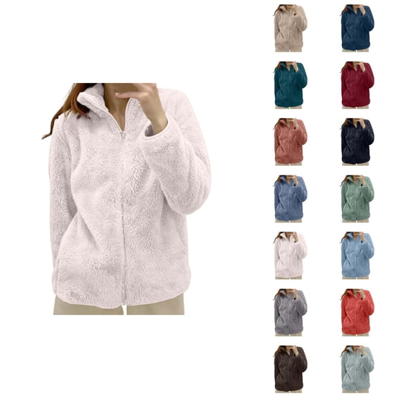 Womens Fleece Jacket 2026 Fashion Soft Thermal Long Sleeve Stand Collar Full Zip Up Winter Coat Outerwear