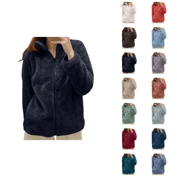Womens Fleece Jacket 2026 Fashion Soft Warm Long Sleeve Stand Collar Full Zip Up Winter Coat Outerwear