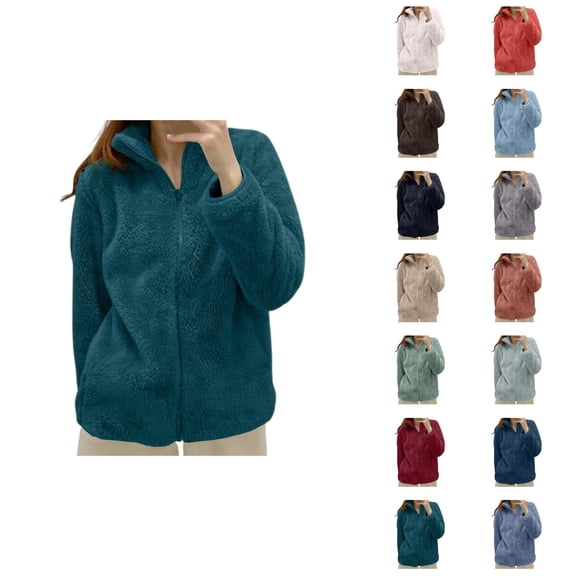 Womens Fleece Jacket 2026 Fashion Soft Warm Long Sleeve Stand Collar Full Zip Up Winter Coat Outerwear