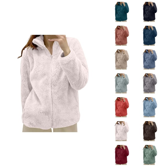 Womens Fleece Jacket 2026 Trendy Thick Warm Long Sleeve Stand Collar Full Zip Up Winter Coat Outerwear