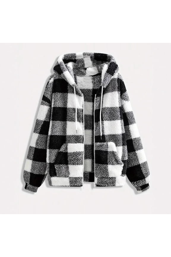 Womens Jacket Autumn Winter Fashionable Checkered Pattern Coat Pocket Zipper Hooded Loose Coat Trench Coat Women Black L