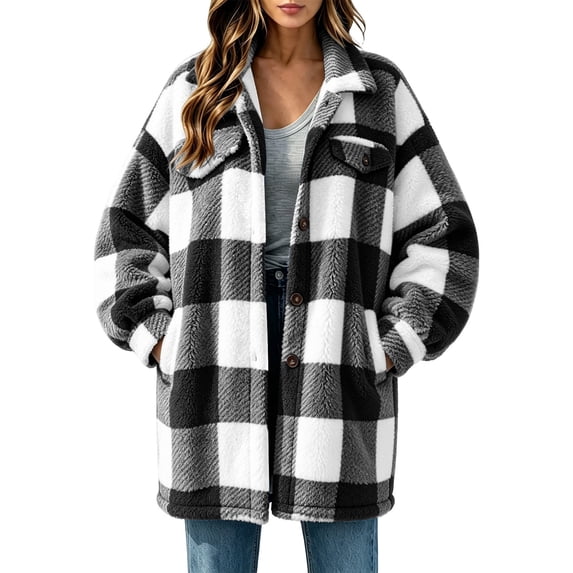 Womens Fleece Jacket Button Down Plaid Flannel Outerwear with Pockets Collar Warm Coat for Winter Weekend Wear Casual Fall Winter Outerwear