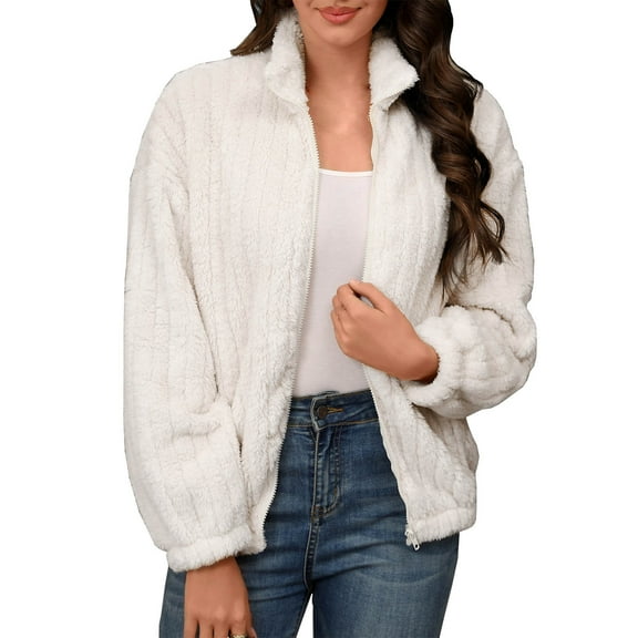 Womens Fleece Jacket Casual Long Sleeve Cropped Sherpa Jackets Zip-Up Fuzzy Warm Coats Fall Fluffy Outwear With Pockets