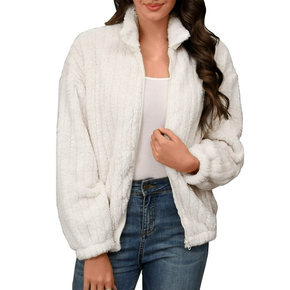 Womens Fleece Jacket Casual Long Sleeve Cropped Sherpa Jackets Zip-Up Fuzzy Warm Coats Fall Fluffy Outwear With Pockets