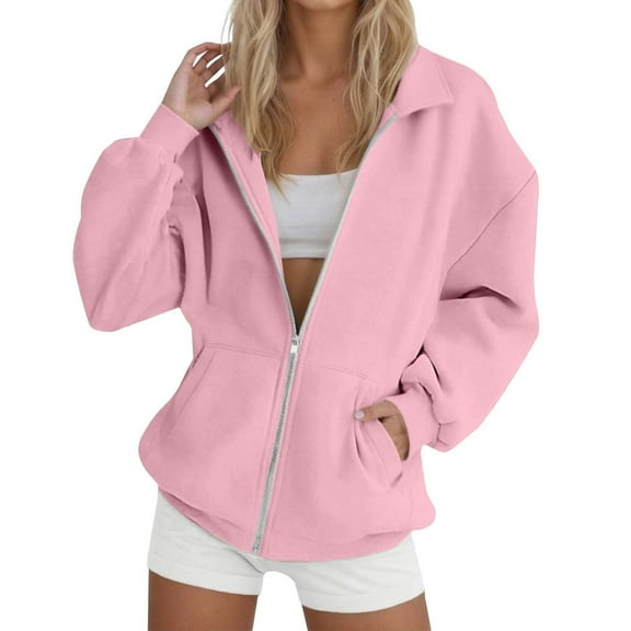 Womens Fleece Jacket Casual Long Sleeve Zipper Up Stand Collar Coat Solid Color Lightweight Loose Outerwear with Pocket