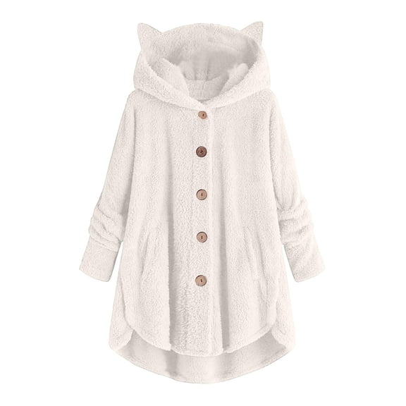 Womens Fleece Jacket Cat Ears Sherpa Hooded Coat Long Sleeve Winter Warm Plush Fuzzy Button Front Cozy Bed Outerwear