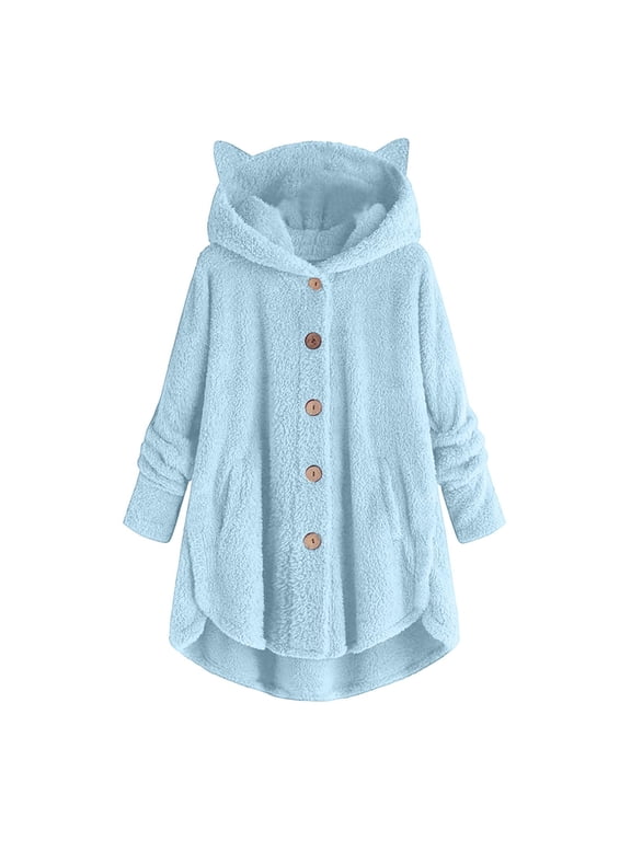 Womens Fleece Jacket Cat Ears Sherpa Hooded Coat Long Sleeve Winter Warm Plush Fuzzy Button Front Cozy Bed Outerwear