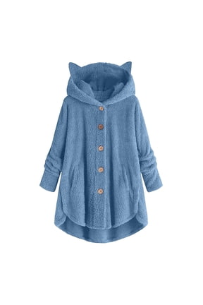 Womens Fleece Jacket Cat Ears Sherpa Hooded Coat Long Sleeve Winter Warm Plush Fuzzy Button Front Cozy Bed Outerwear