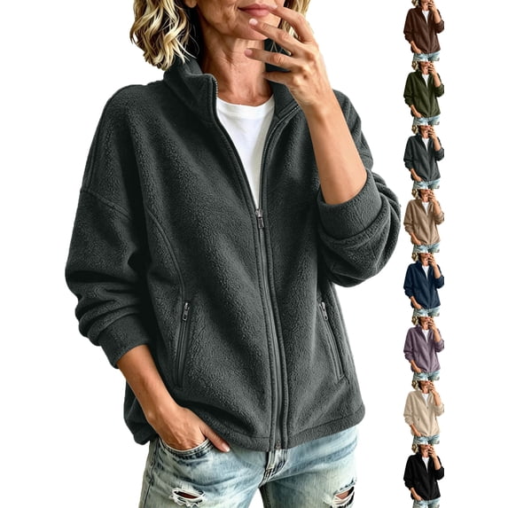 Womens Fleece Jacket Fashion Casual Cozy Solid Color Long-Sleeve Outerwear Fall Winter Daily Wear Outerwear