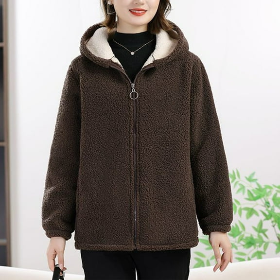 Womens Jacket Fashion Comfort Thick Thermal Hooded Zip Up Coat Casual Style Loose Fit Fall Winter Warm Open Front Outerwear With Pocket Brown XXXL